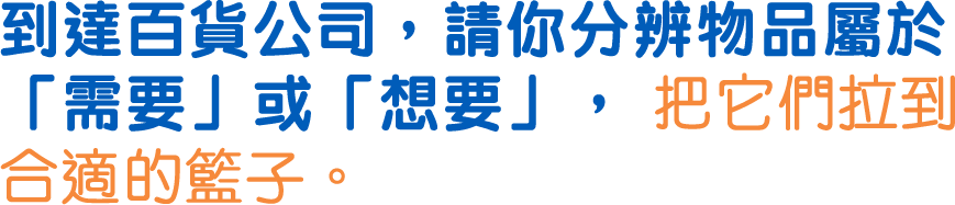 到達百貨公司，請你分辨物品屬於「需要」或「想要」，把它們拉到合適的籃子？